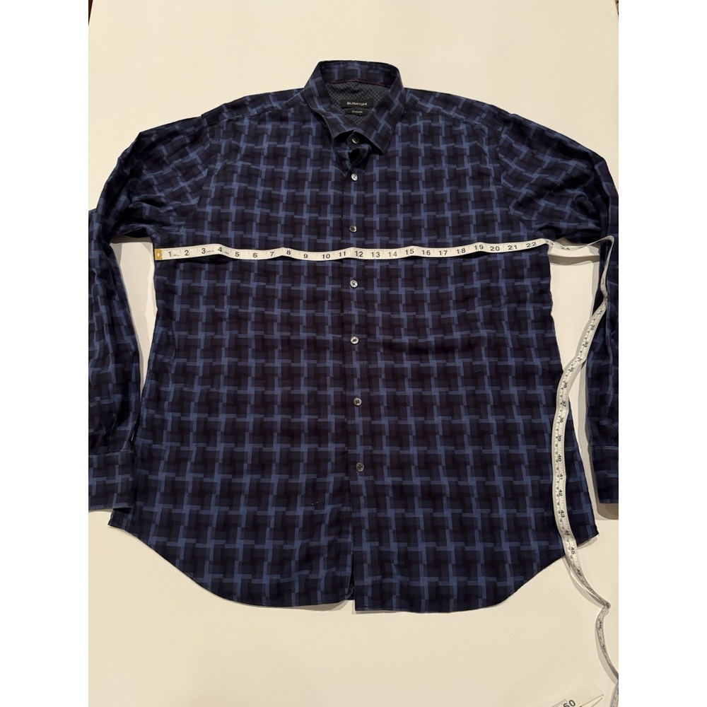 Bugatchi Men Large Button Up Shirt Blue Plaid Shaped Fit Cotton Wedding Formal